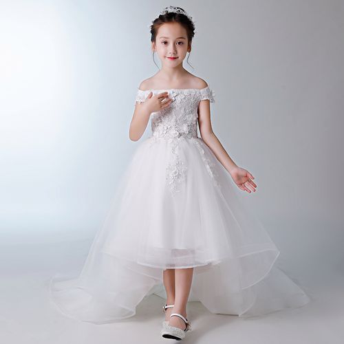 儿童礼服公主裙女童生日拖尾超长女孩走秀花童钢琴演出服高端白色