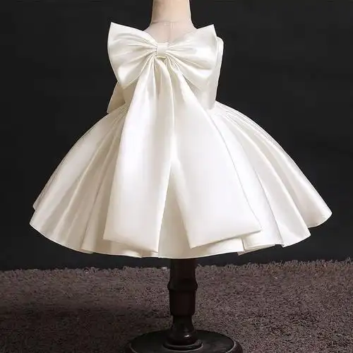 六一女童礼服裙女宝宝生日周岁表演主持大蝴蝶结连衣裙儿童蓬蓬裙白色