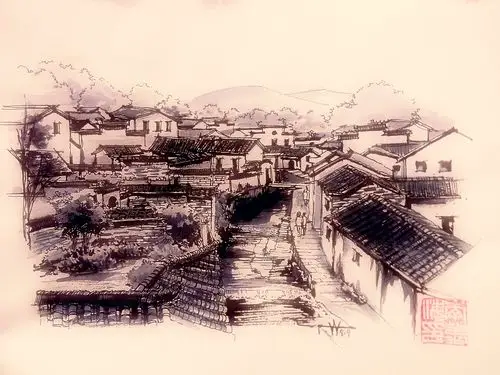 李万海-w-手绘钢笔水墨画《水乡古镇》
