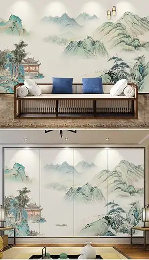 中式手绘大理石青绿山水背景墙下载-编号23892069-山水风景画-我图网