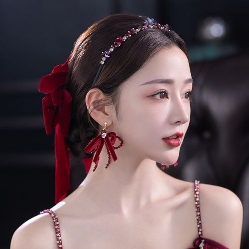 新娘头饰敬酒服红色蝴蝶结发饰