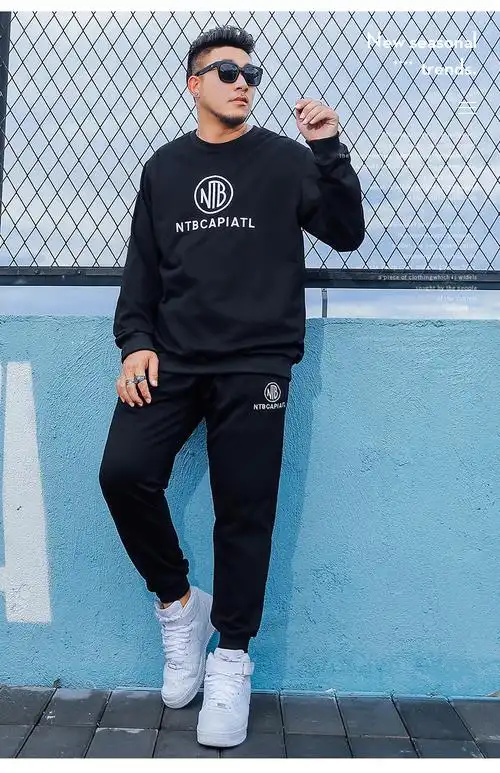 坦野潮牌男装大码休闲套装男加肥加大圆领卫衣长裤一套帅气运动装