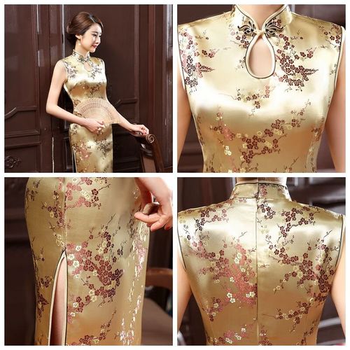 丝潇经典老货织锦缎旗袍中国风复古手工旗袍 创汇时期 梅花长款 无袖