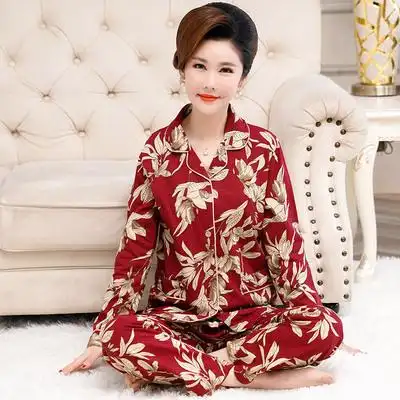 丹妮奴中老年中年妈妈睡衣女纯棉长袖春秋款季老年大码家居服套装