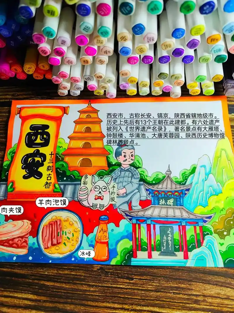 西安旅游记 西安文化名片绘画手抄报线稿模板电子稿,原创作品�