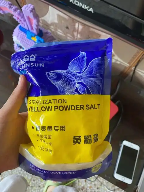 今儿黄粉盐16升水下6颗鱼缸加五分之一水(已放黄粉盐)