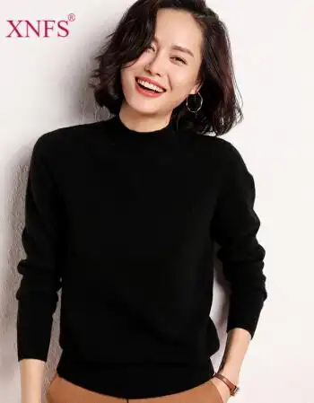 半高领羊绒衫女2021年新款简约优雅气质套头毛衣衫针织打底衫 黑色 m