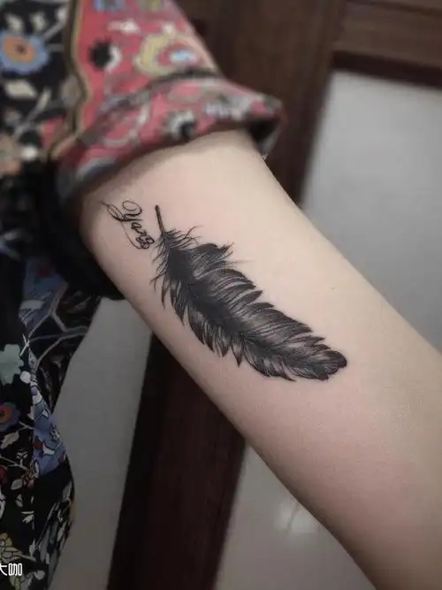 大臂内侧羽毛字母,遮盖作品_纹身图案手稿图片_十七的纹身作品集
