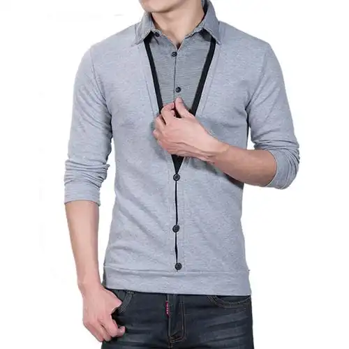 春秋款男士长袖t恤假两件青年韩版小衫秋衣上衣外穿潮秋装新款土