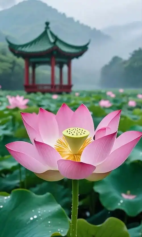 雨后荷花,清新脱俗,亭子为伴,意境悠远
