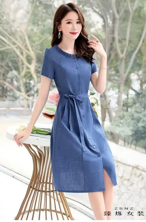 夏季短袖连衣裙女30-40岁夏季棉麻连衣裙女装2020年新款夏天修身30岁