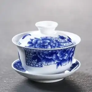 手绘陶瓷三才盖碗茶杯功夫茶具茶碗景德镇青花瓷大小号泡茶碗