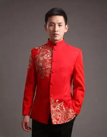 中式礼服男秀禾服古装喜服新郎结婚红色唐装敬酒服中山装演出服男
