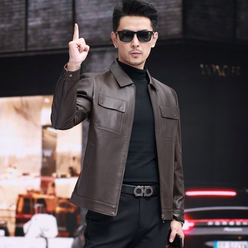 dan春秋新款真皮皮衣头层绵羊皮米粒纹翻领短款夹克 z2321咖色(单款)