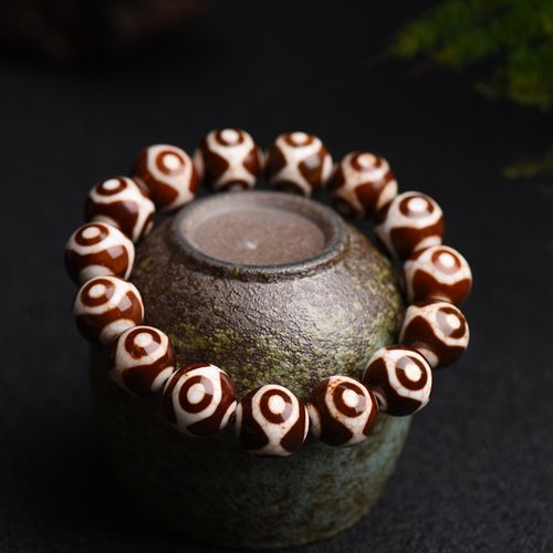 卫城西藏古法三眼天珠手链火供开片高瓷老天珠手串大年份男女14mm圆珠