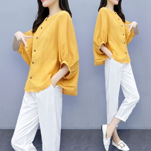 2022新款女装夏两件套裤棉麻蝙蝠袖上衣九分萝卜裤休闲时尚套装女