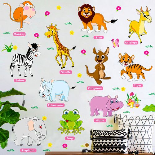 可爱卡通小动物墙贴儿童房客厅卧室幼儿园布置自粘贴画早教墙贴纸