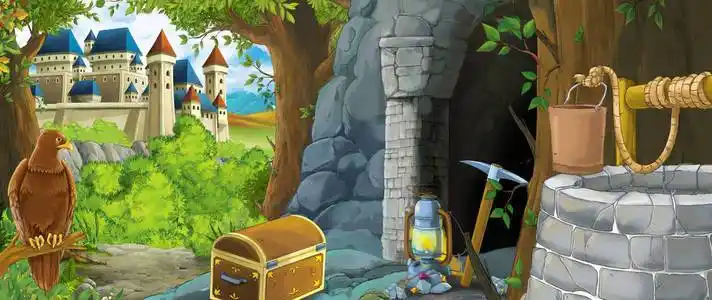 森林里的卡通场景隐藏着老矿井的入口照片