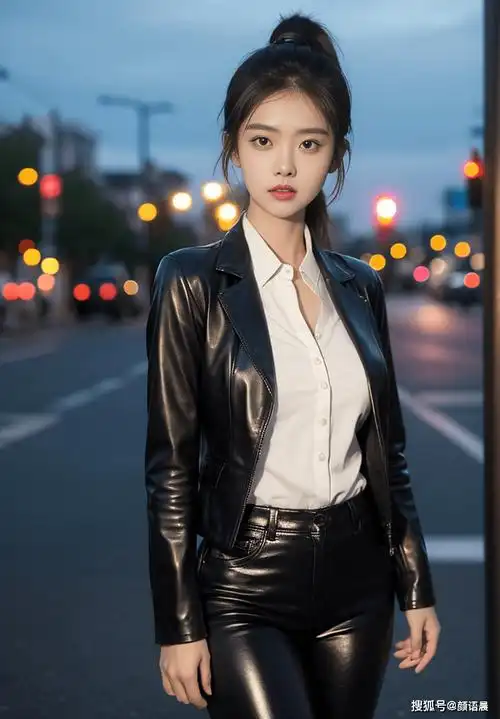 美女壁纸:繁花似锦的夜晚,黑色皮衣女神的时尚魅力_街道_都市_皮夹克