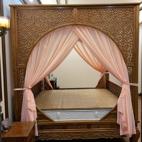 古典架子床床幔 中式明清古典单双月洞拔步架子床仿血牙色柔肤纱装饰