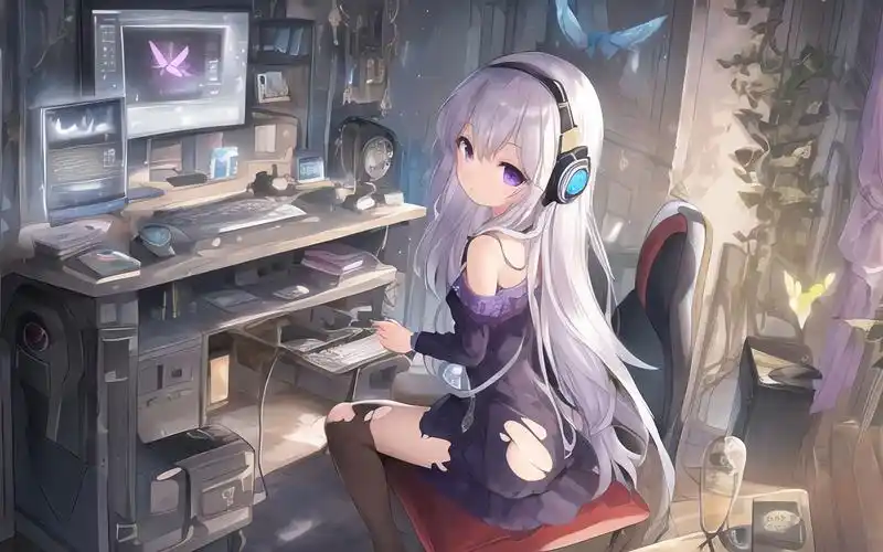 银发紫瞳,电竞少女,卧室—每一张都是高清壁纸