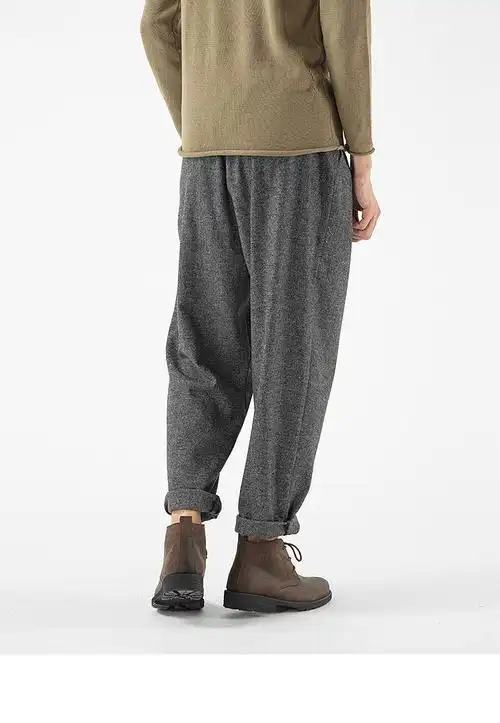 加厚加绒毛呢裤子男2020冬季萝卜裤男长裤男裤宽松棉羊毛哈伦裤