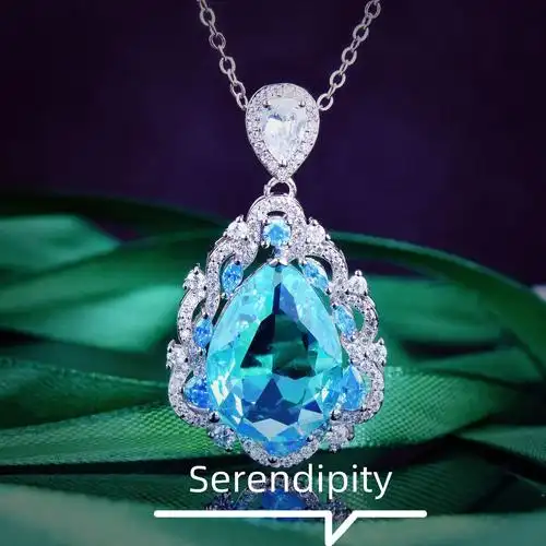 新款奢华满钻镶嵌瑞士蓝托帕石水滴梨形项链大克拉仿真海蓝宝吊坠