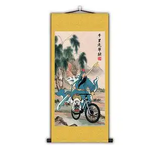 关二爷千里走单骑 关公骑自行车卷轴挂画 关羽网络搞笑画像装饰画