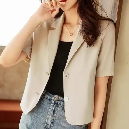 短袖西装外套女薄款垂感宽松短款休闲气质感小西服春秋商务百搭上衣短
