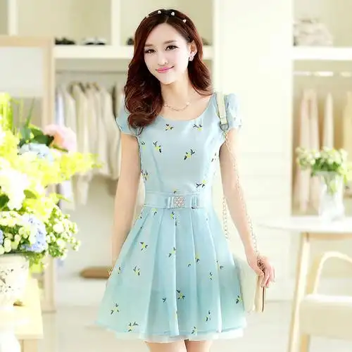 【气质连衣裙】015夏装新款甜美碎花修身短袖雪纺纱小清新淑女爆款好