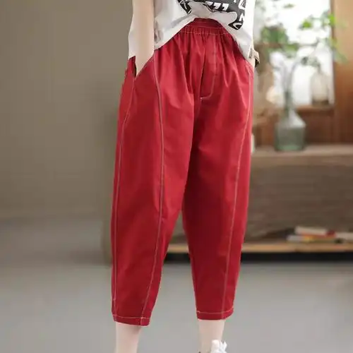 夏季新款宽松哈伦裤女松紧腰文艺大码老爹裤子精选纯棉面料休闲裤