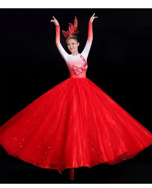 舞大摆裙演出服女大气舞蹈表演服装舞台伴舞合唱服长裙白渐变红大摆s