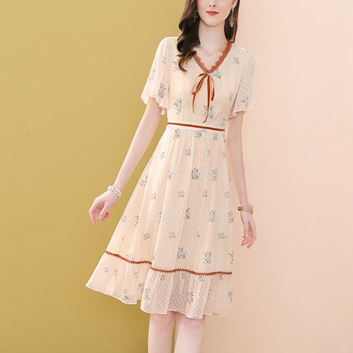 诗绪短袖v领雪纺碎花收腰连衣裙夏装2021新款