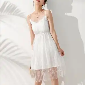 蕾丝吊带连衣裙女春夏中长款内搭打底仙女裙超仙白色性感网纱裙子