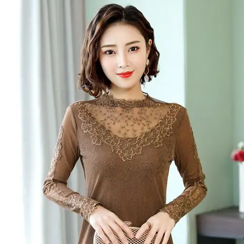 2020新款女装高领蕾丝打底衫女长袖镂空加绒上衣春秋百搭亮丝t恤