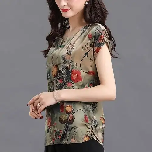 妈妈夏装桑蚕丝宽松女短袖t恤中老年香云纱小衫真丝时尚短款上衣