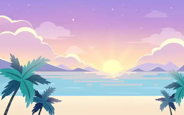 海滩沙滩风景夕阳小清新插画背景夏天海滩