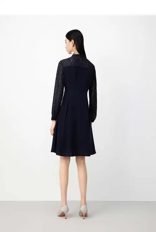 玖姿2021春季新款丈青色蕾丝雪纺拼接收腰中长女连衣裙 花丈青 s