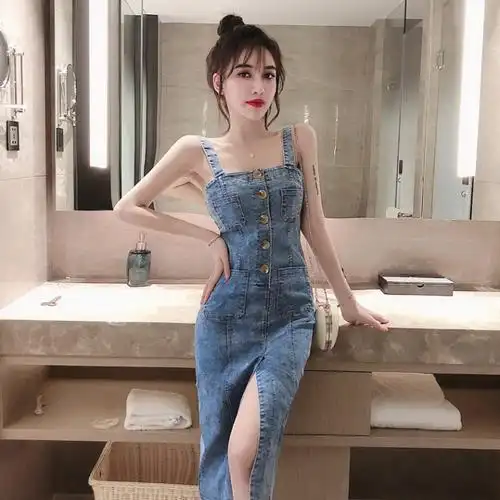 2020春装夏季新款性感露背开叉修身显瘦牛仔包臀裙吊带连衣裙子女