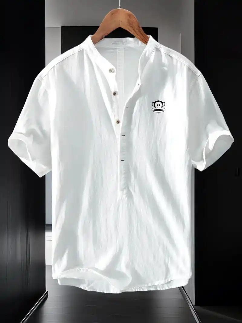 大嘴猴夏季棉麻短袖衬衫男!简约亚麻宽松休闲衬衣