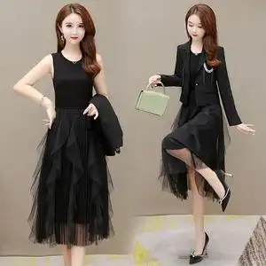 时尚网纱两件套连衣裙女2022新款春装高端显瘦小西服过膝套装裙子