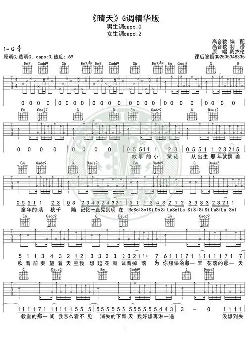 周杰伦晴天吉他弹唱教学g调精华版高音教猴哥吉他教学