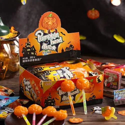 万圣节南瓜头荧光棒棒糖香橙奶味怪物眼球造型糖果幼儿园分享零食