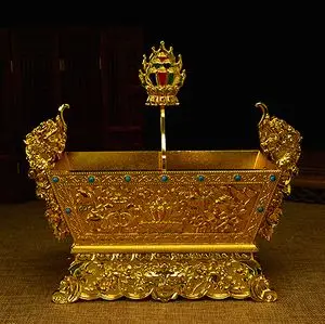 藏传用品 五谷盒鎏金高23cm米仓 密宗法器供具供器 米盒