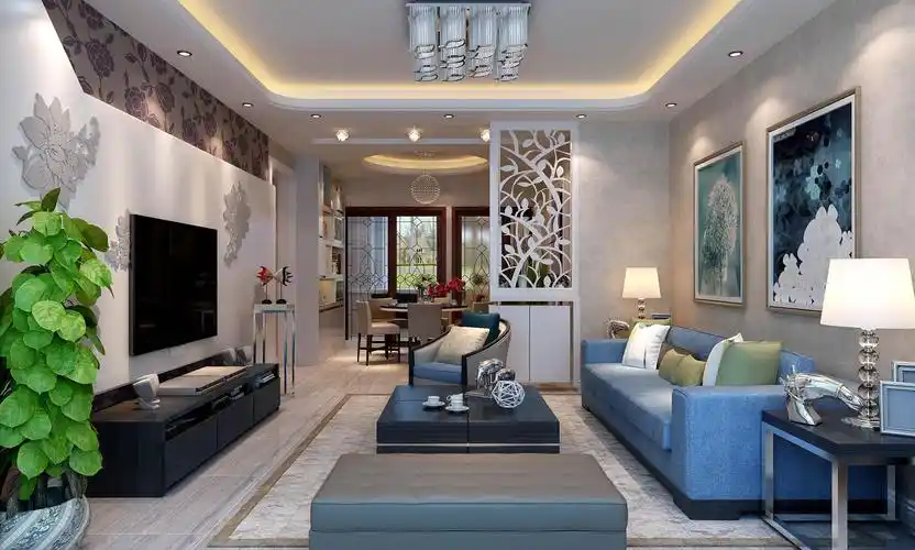 装饰画电视背景墙沙发电视柜现代茶几三居中型客厅侧面整体装修效果图