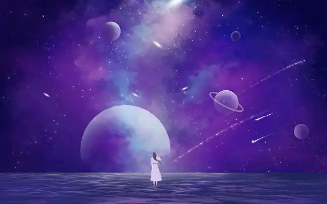 手绘卡通紫色梦幻星空星球女孩插画海报背景梦想星空