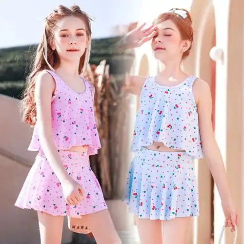 网红ins风儿童泳衣女童可爱洋气公主分体裙式游泳衣大童泳装批发