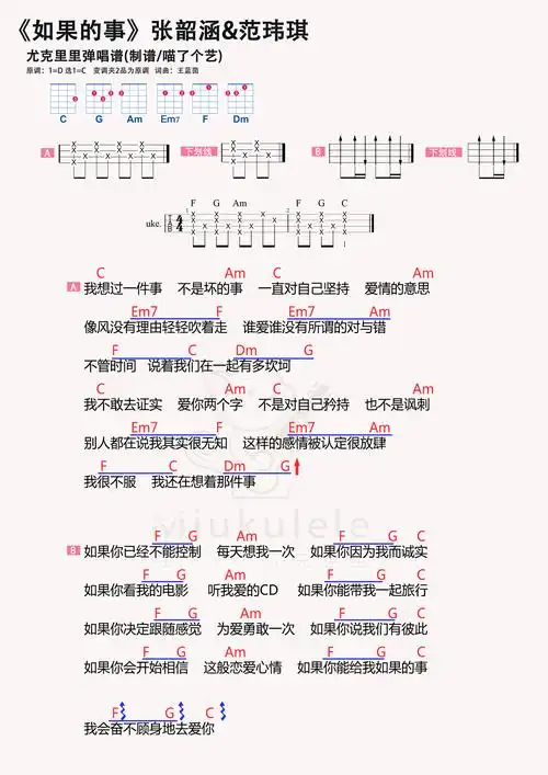 张韶涵范玮琪如果的事尤克里里谱