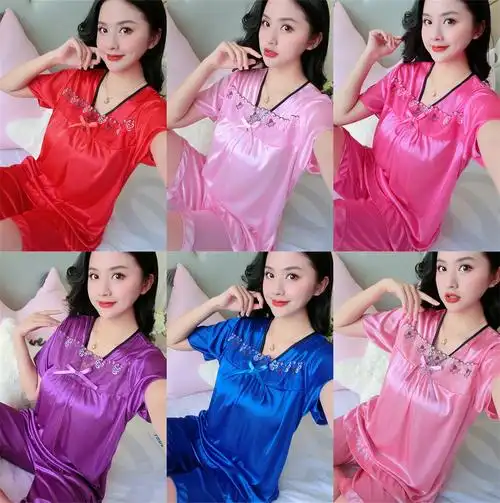 6色夏季冰丝睡衣女士蕾丝短袖冰丝丝绸睡衣薄款春夏季套装家居服 - 17