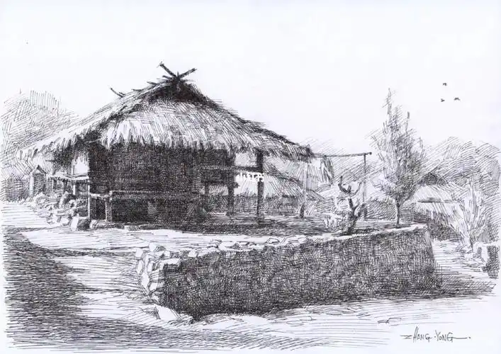 美丽乡村钢笔画佤族民居